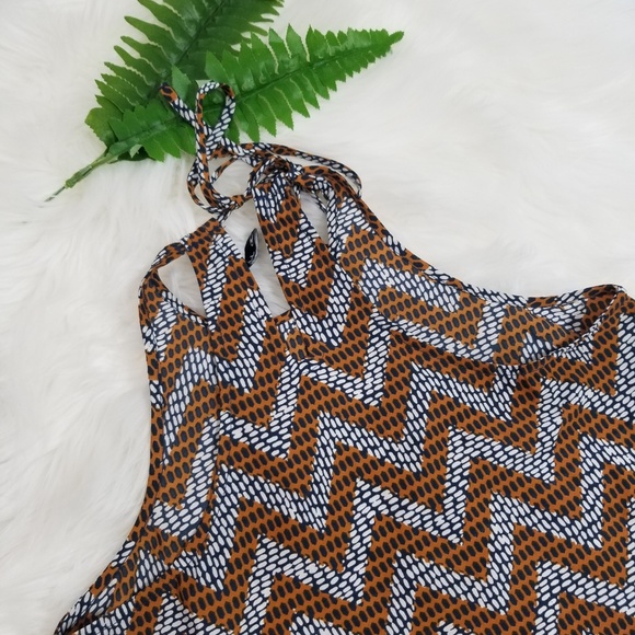 O'Neill Blue Geometric White Blue Brown Pattern Halter Skater Tank Top Neck Tie - Picture 7 of 8